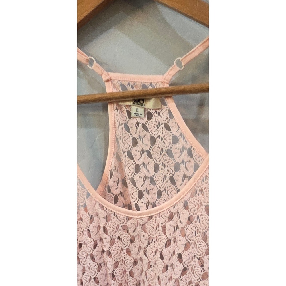 SO Los Angeles Pink Lace Racerback Tank Top Sheer Crochet Fringe Hem L - Picture 5 of 5